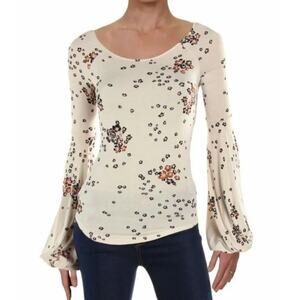 Free People To The Tropics Floral Bishop Sleeve Knit Top Size M Boho Neutral